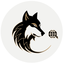 logo WolfYana Media du portfolio de stannie luciathe avec un loup en noir, blanc et dore avec un globe de site internet